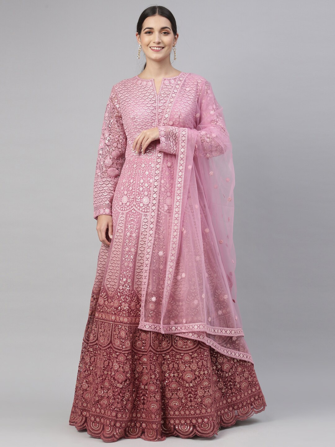 

Neerus Pink Ethnic Motifs Net Ethnic Maxi Dress with Dupatta