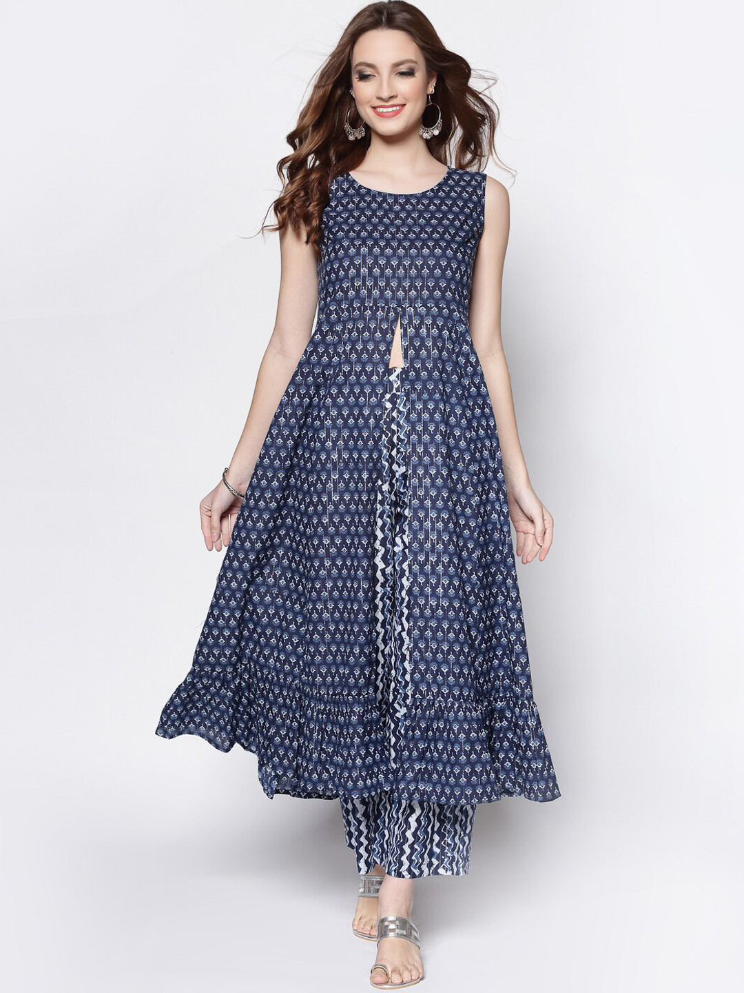 

Sera Women Navy Blue Printed Regular Pure Cotton Kurta with Trousers