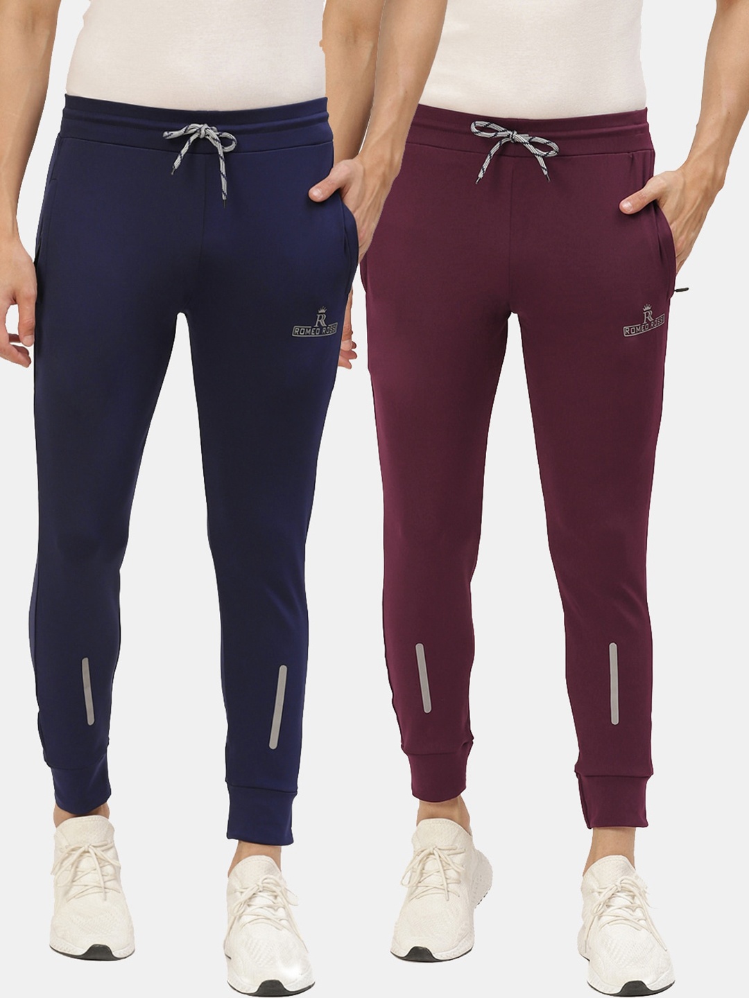 

ROMEO ROSSI Men Pack Of 2 Maroon & Navy Blue Solid Slim-Fit Joggers