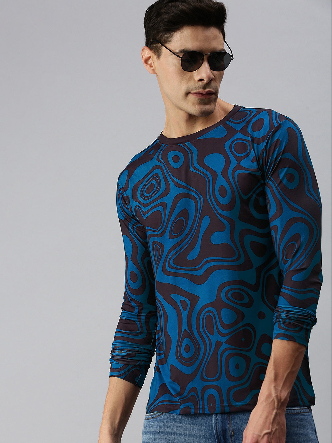 

mezmoda Men Blue All Over Abstract Printed Dry-Fit Round Neck T-shirt