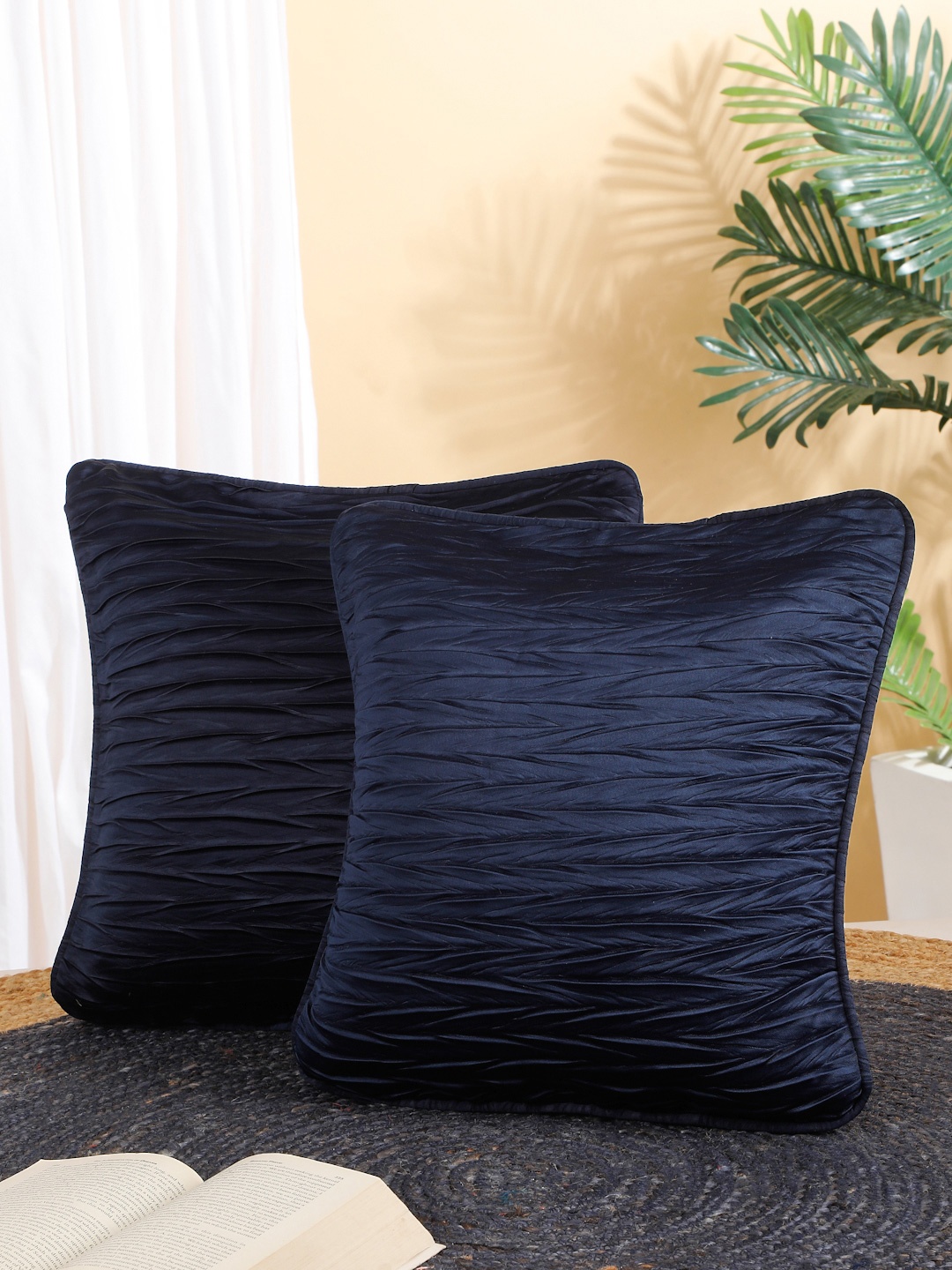 

ROSARA HOME Set Of 2 Navy Blue Self Design Square Cushion Covers