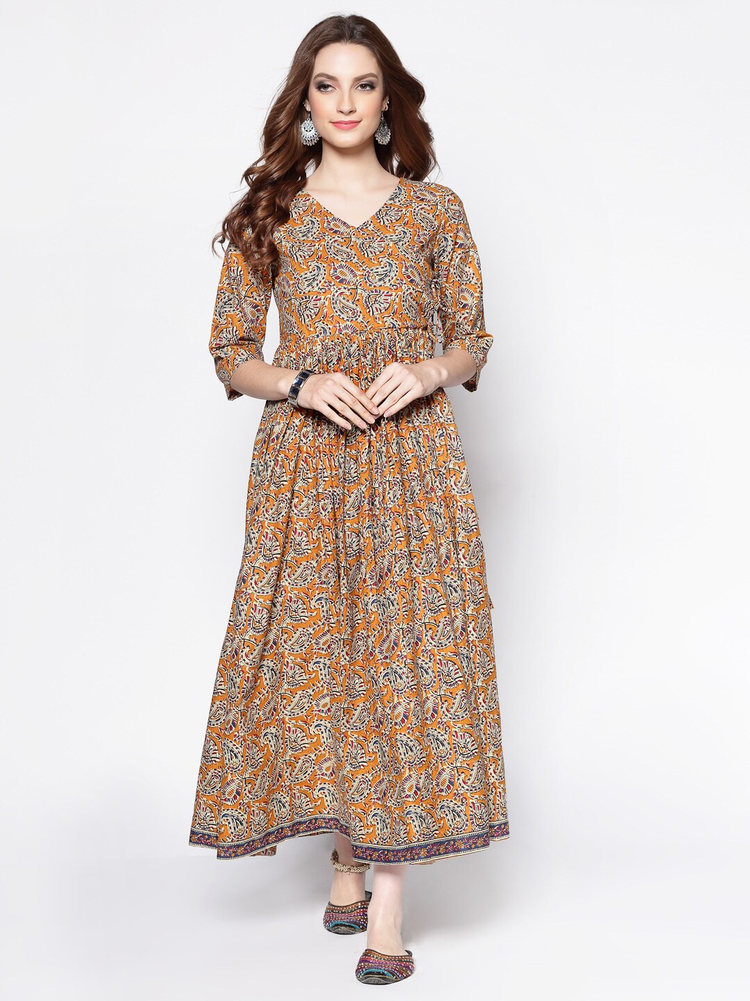 

Sera Mustard Yellow Floral Printed Cotton Maxi Dress