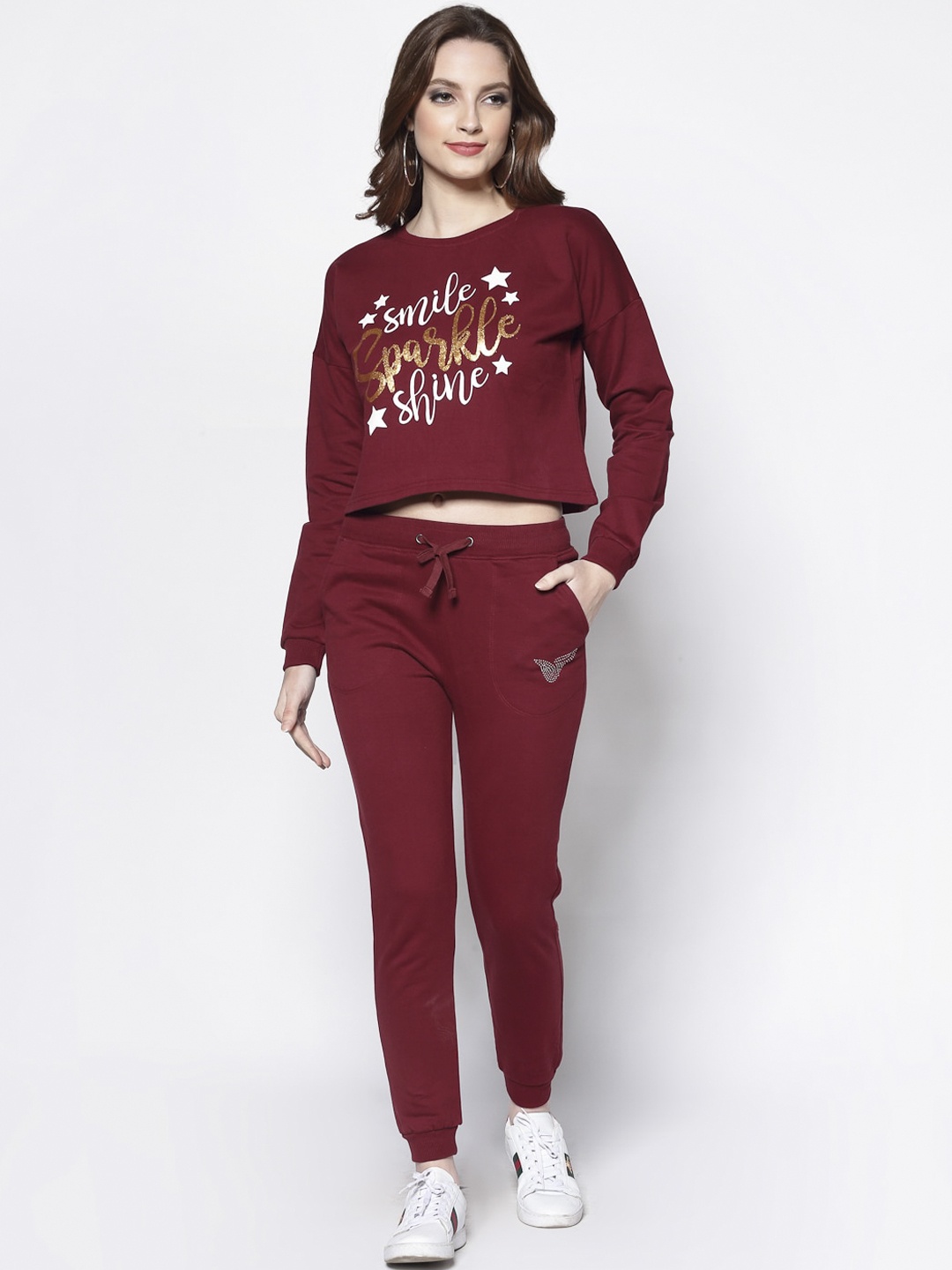 

Sera Women Burgundy & White Solid Cotton Tracksuit