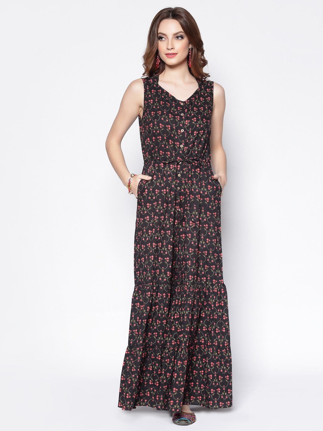 

Sera Black & Red Printed Cotton Basic Jumpsuit