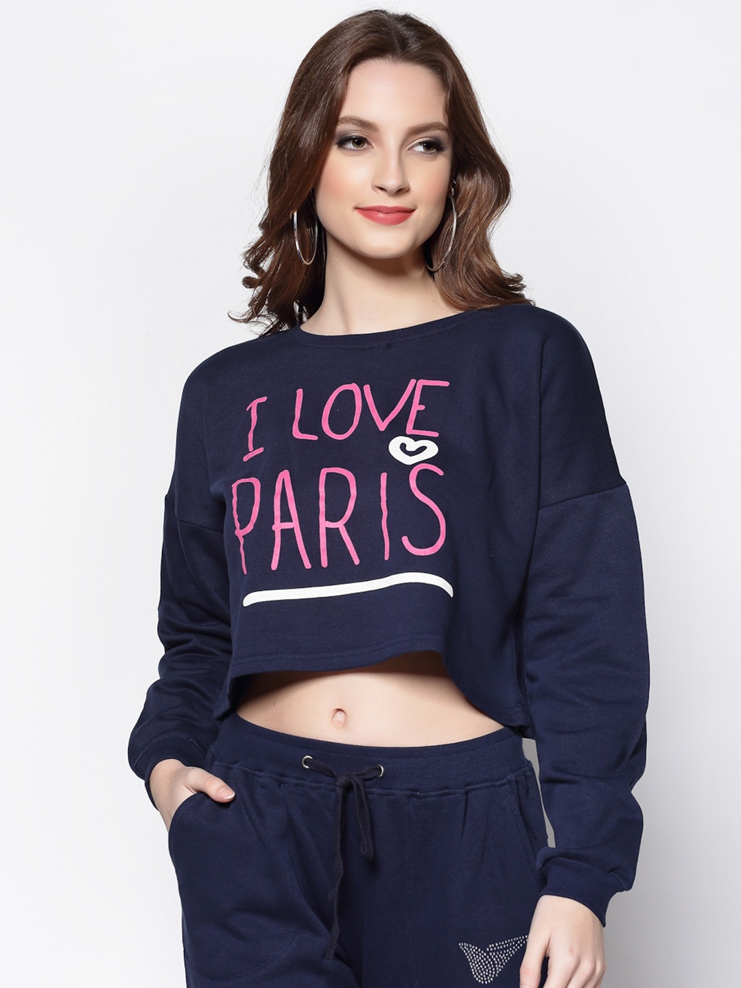 

Sera Women Navy Blue Printed Cotton Sweatshirt