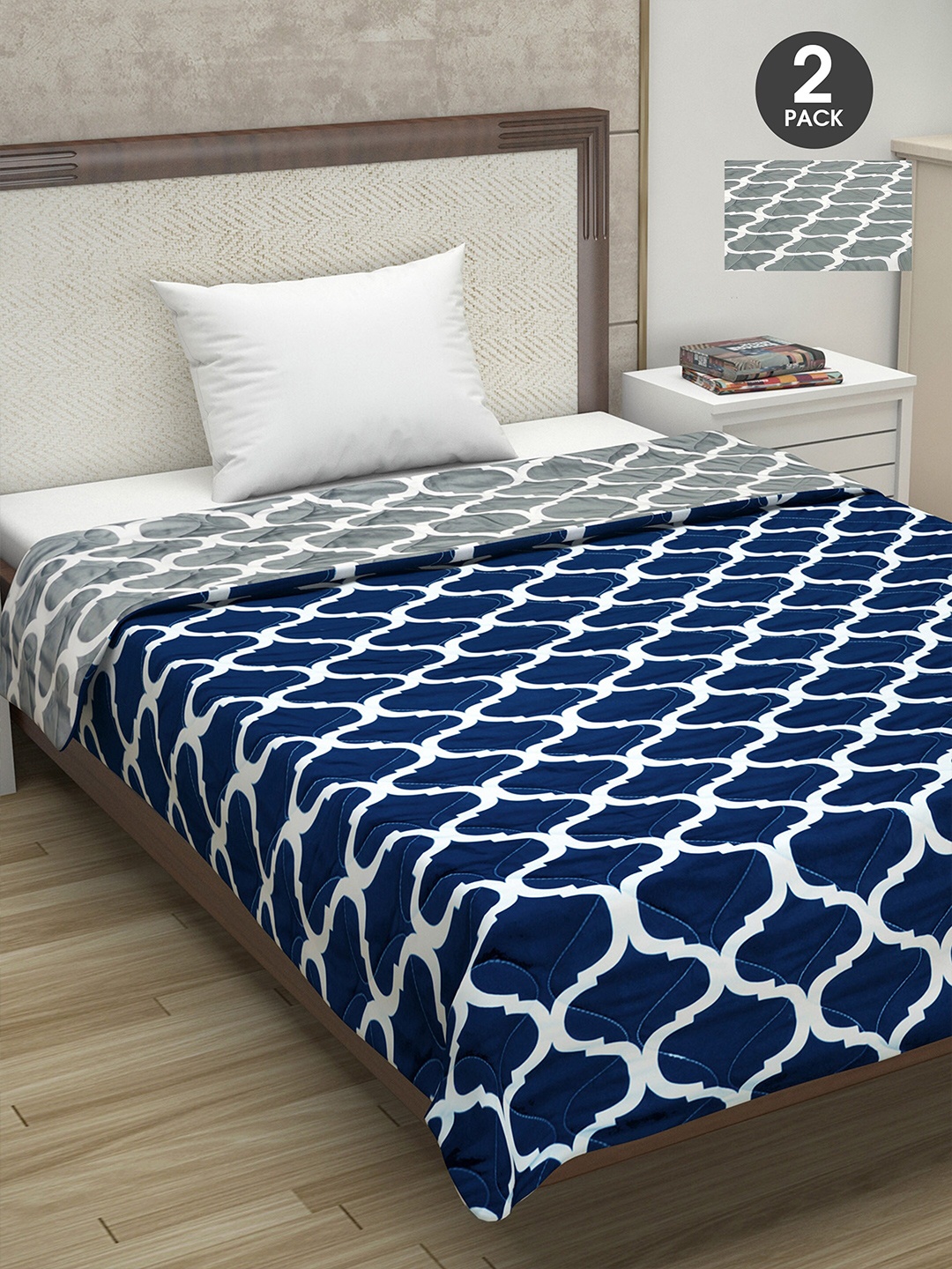 

Divine Casa Set Of 2 Grey & Navy Blue Geometric 110 GSM Single Bed Comforters