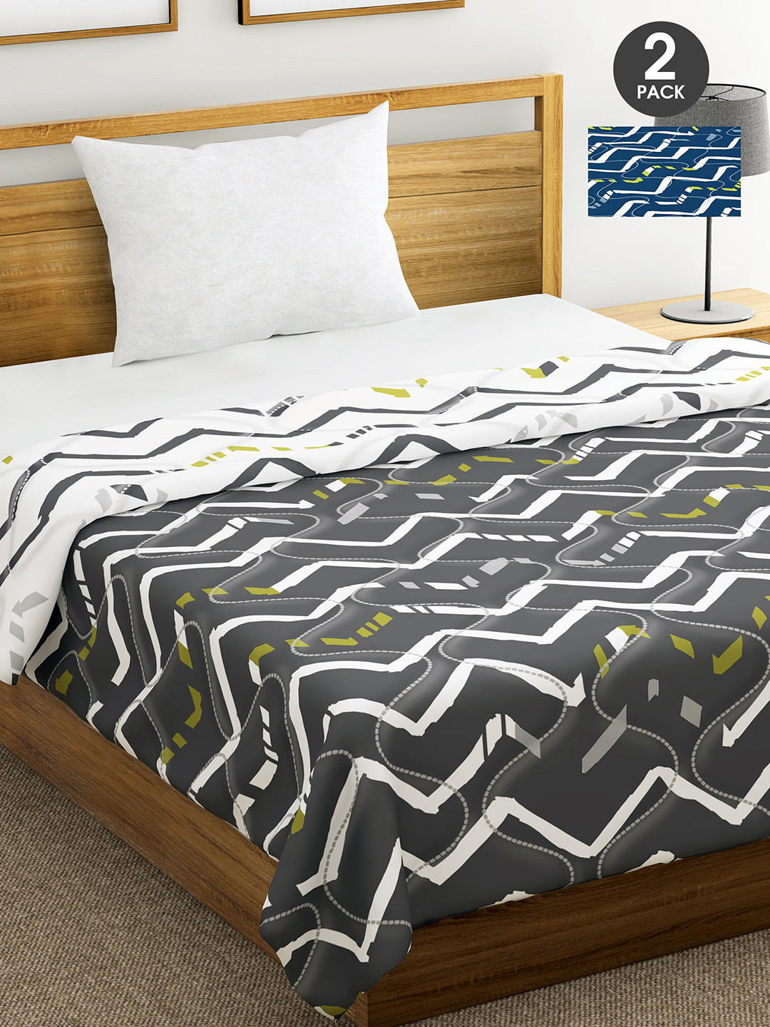 

Divine Casa Set Of 2 Grey & Navy Blue Geometric 110 GSM Single Bed Comforters