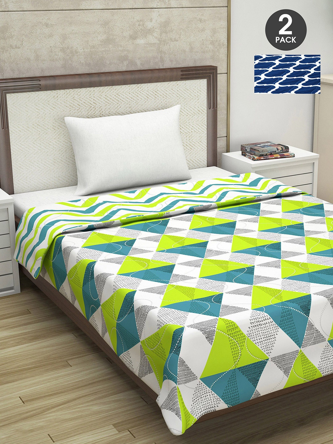

Divine Casa Grey & Navy Blue Set of 2 Geometric Mild Winter 110 GSM Single Bed Comforter