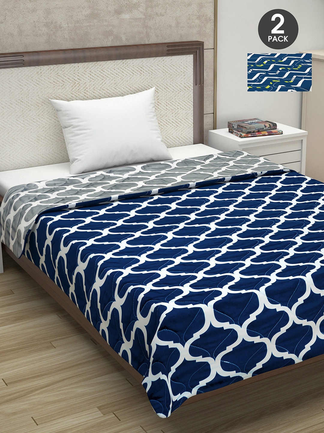 

Divine Casa Set Of 2 Navy Blue & Grey Ethnic Motifs 110 GSM Single Bed Comforters