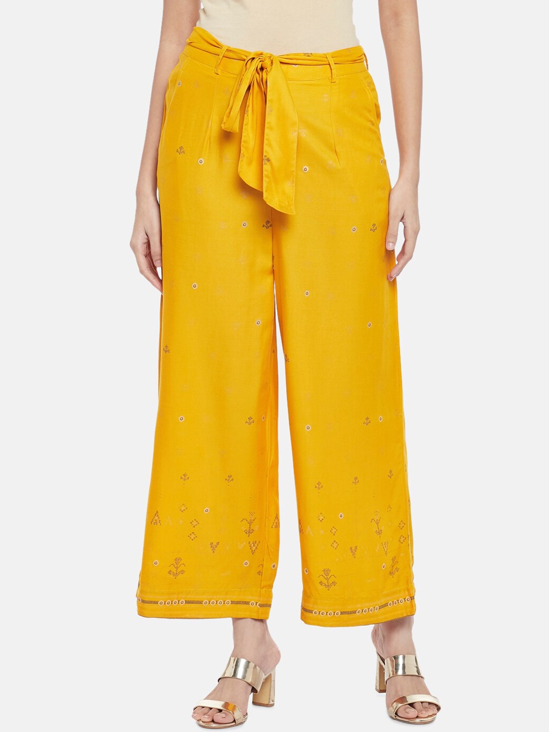 

AKKRITI BY PANTALOONS Women Mustard Yellow Pleated Parallel Trousers