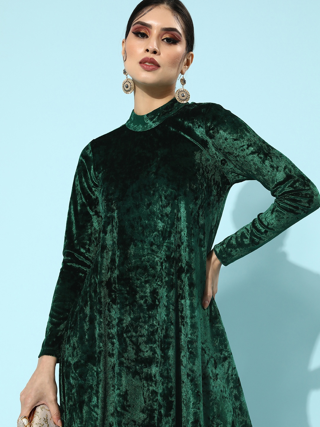 

KASSUALLY Green Velvet A-Line Dress