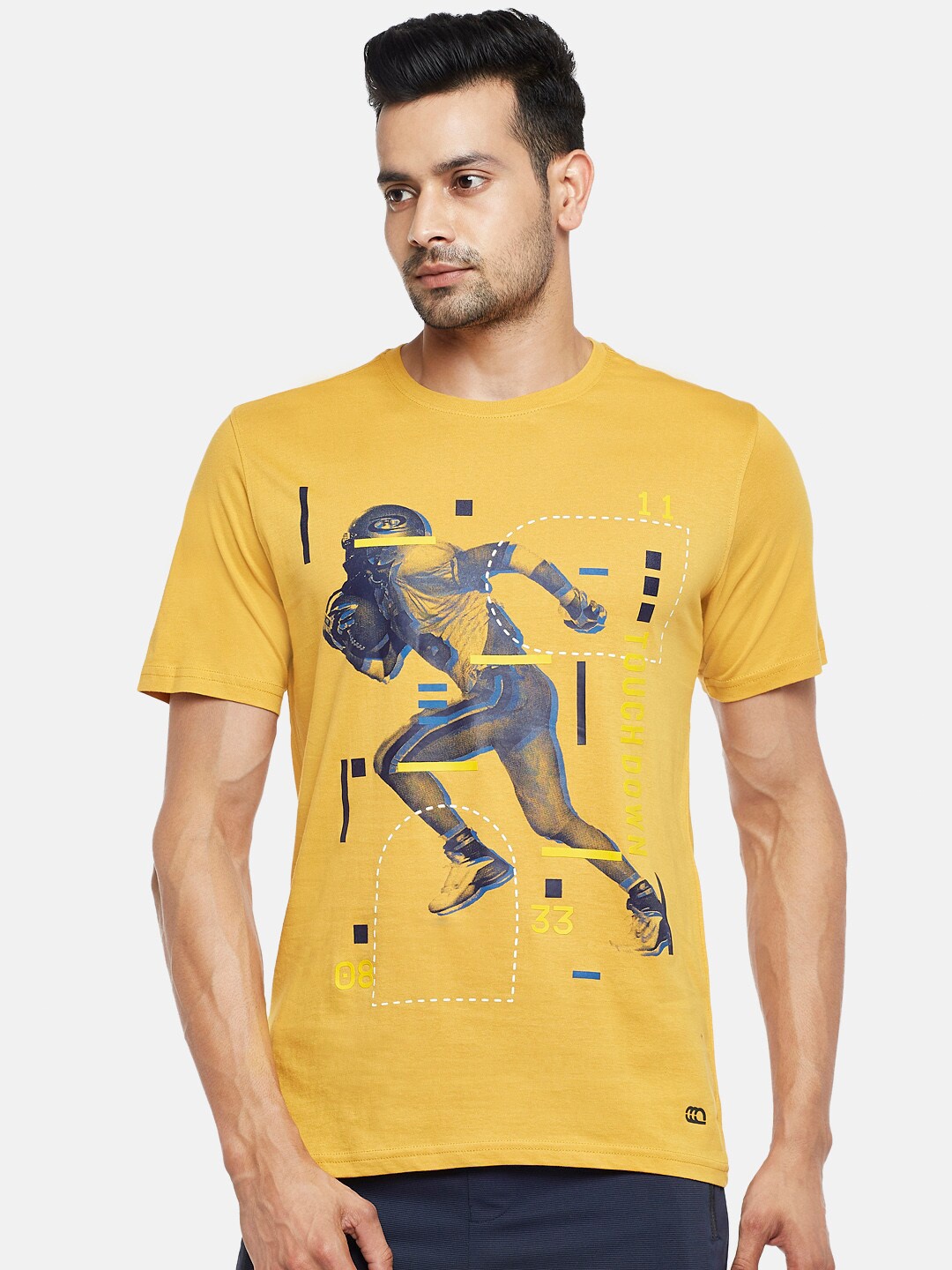 

Ajile by Pantaloons Men Mustard Yellow Printed Slim Fit Pure Cotton T-shirt