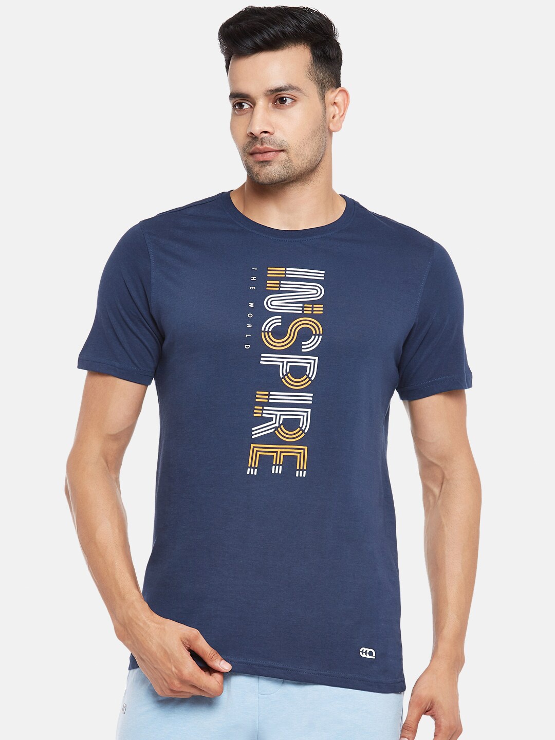 

Ajile by Pantaloons Men Navy Blue Typography Printed Pure Cotton Slim Fit T-shirt