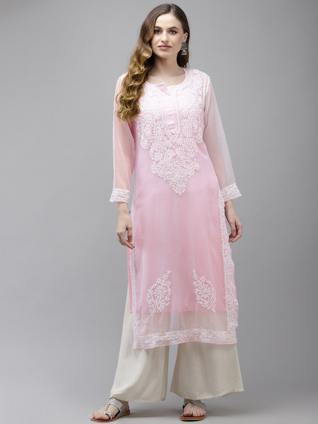 

ADA Women Pink Ethnic Motifs Chikankari Hand Embroidered Handloom Handloom Kurta with Slip