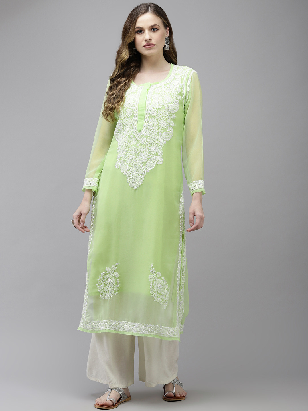 

ADA Women Green Chikankari Hand Embroidered Handloom Georgette Handloom Kurta with Slip