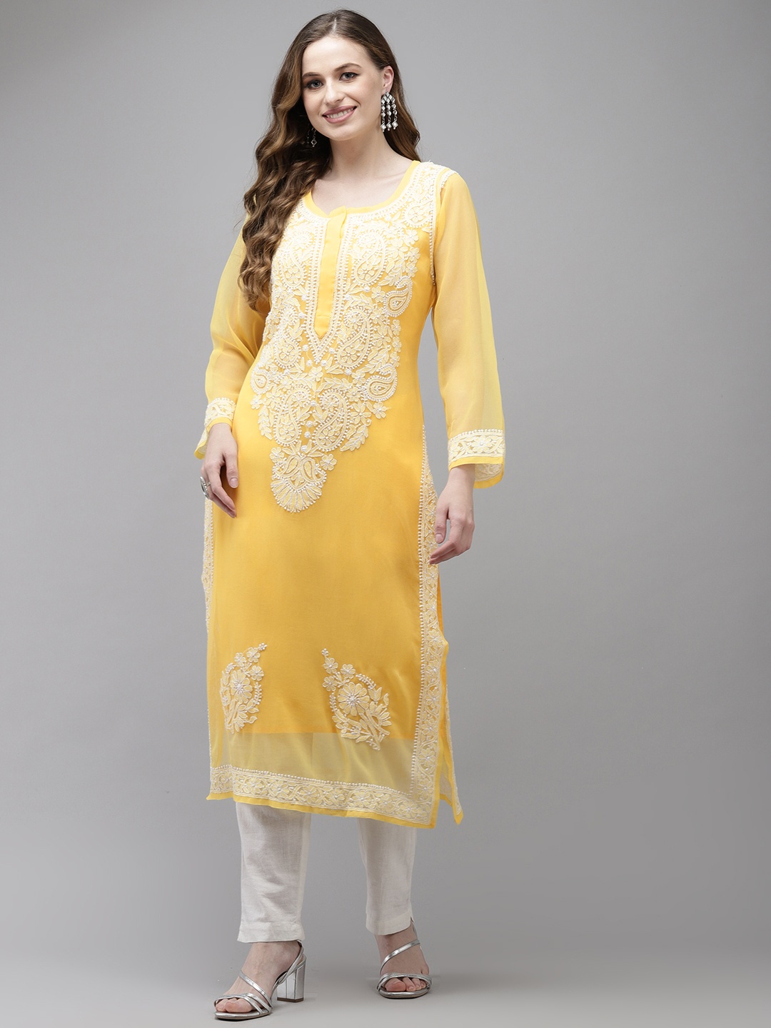 

ADA Women Yellow Chikankari Hand Embroidered Handloom Georgette Handloom Kurta with Slip