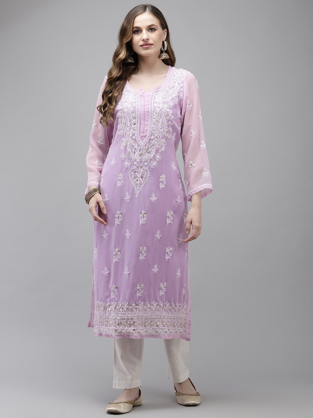 

ADA Women Lavender Ethnic Motifs Embroidered Handloom Georgette Kurta with Slip