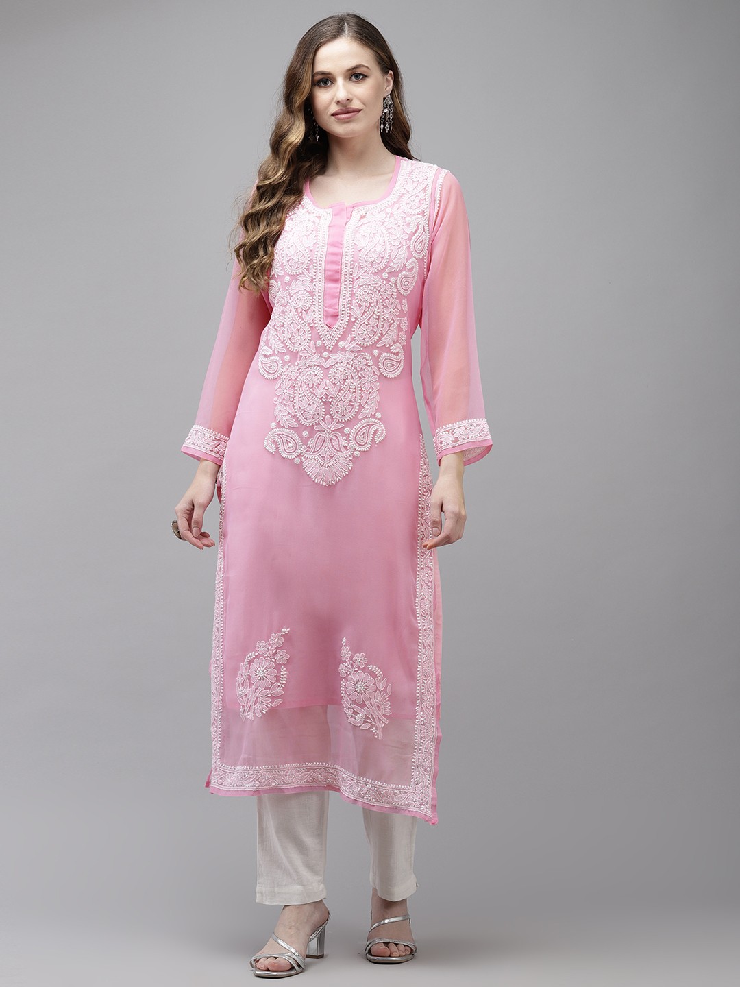 

ADA Women Pink Chikankari Hand Embroidered Handloom Georgette Kurta with Slip