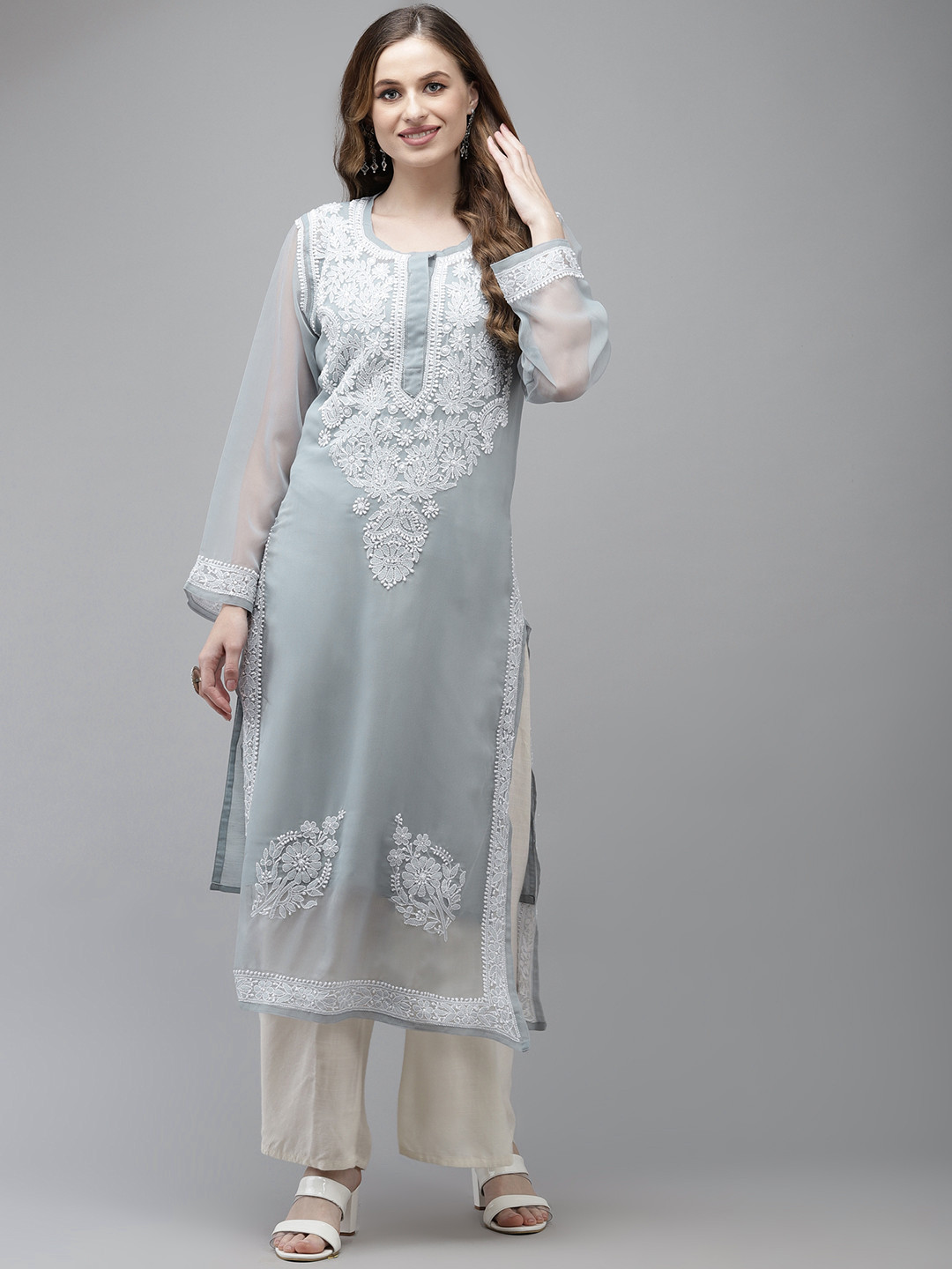 

ADA Women Grey Chikankari Hand Embroidered Handloom Georgette Handloom Kurta with Slip