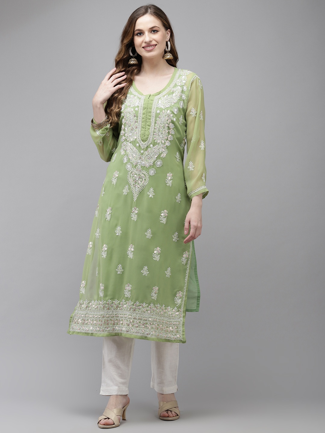 

ADA Women Green Chikankari Hand Embroidered Handloom Georgette Kurta with Slip
