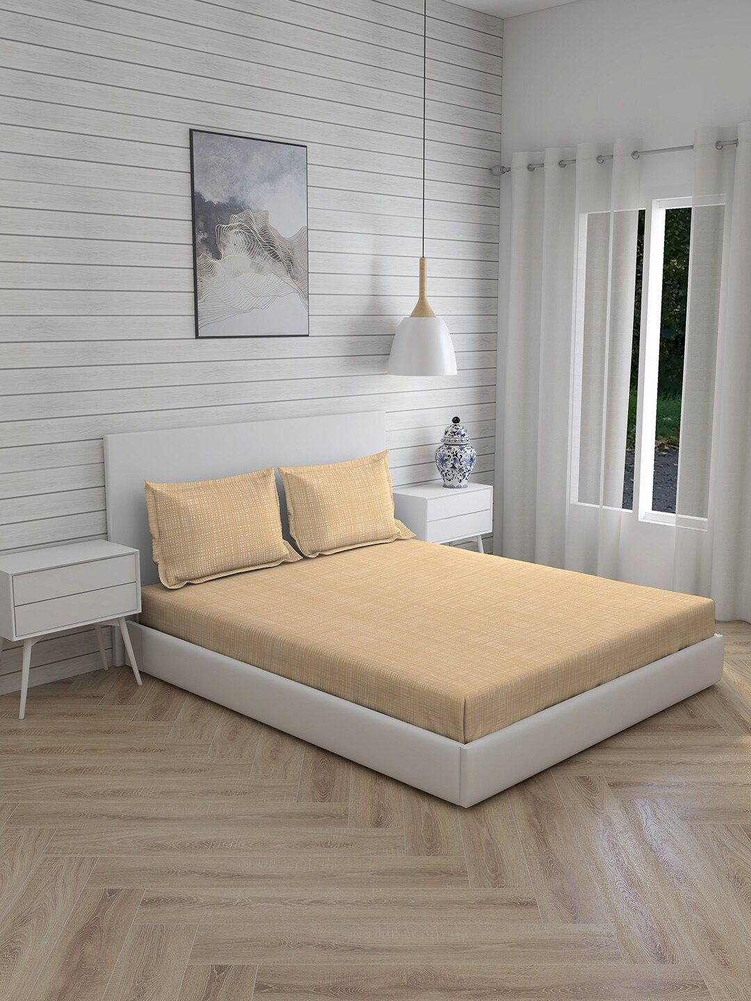 

Boutique Living India Beige Geometric 300 TC Fine King Bedsheet With 2 Pillow Covers