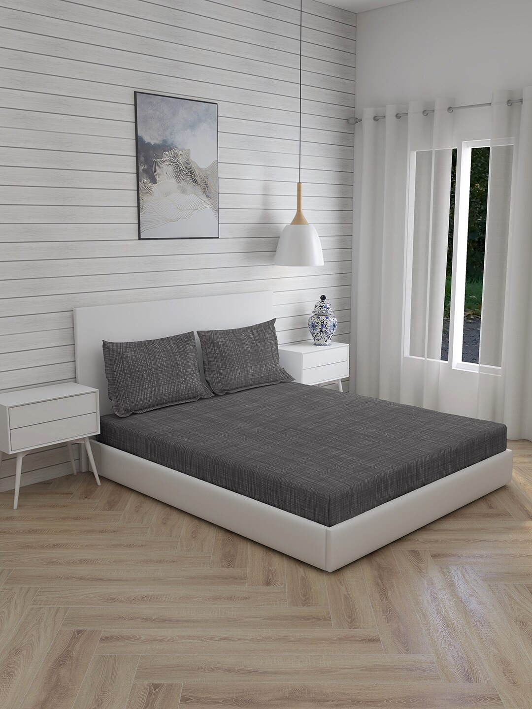 

Boutique Living India Grey Geometric 300 TC King Bedsheet with 2 Pillow Covers
