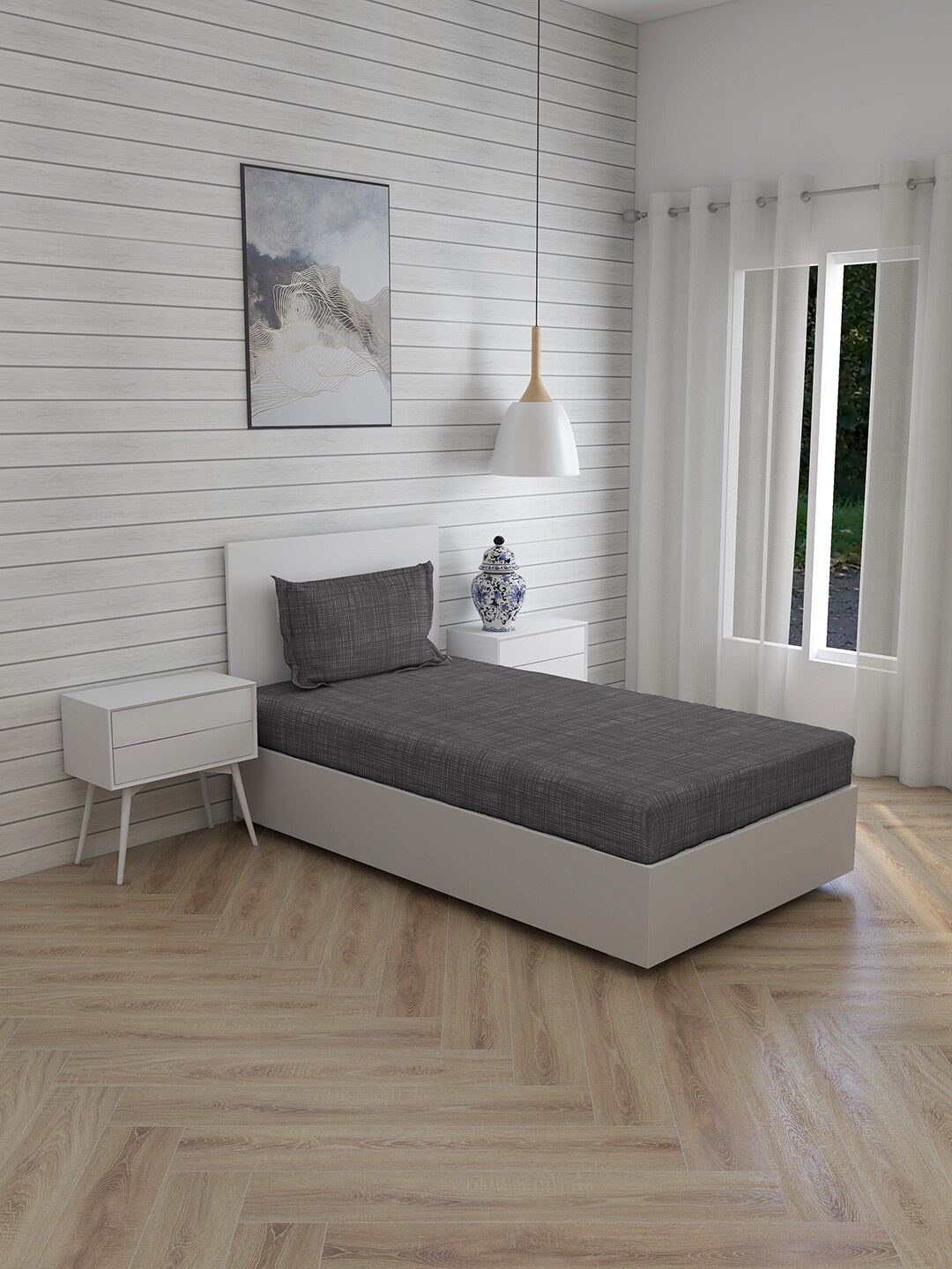 

Boutique Living India Grey Geometric 300 TC Single Bedsheet with 1 Pillow Cover