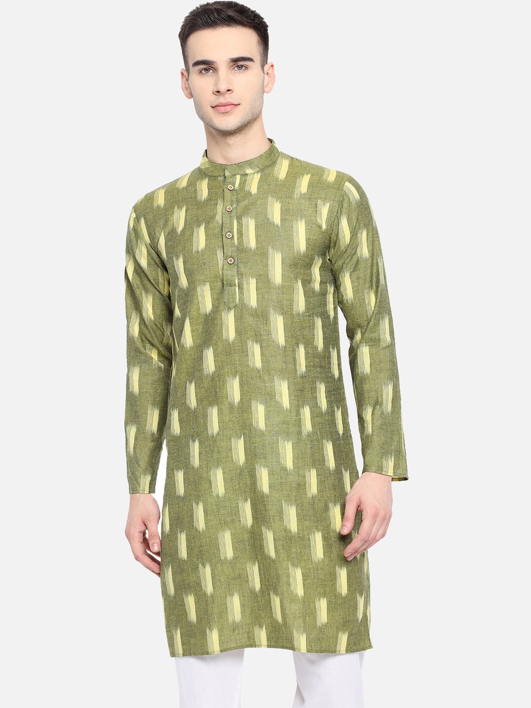 

Vastraa Fusion Men Green & Yellow Ikkat Printed Cotton A-line Kurta