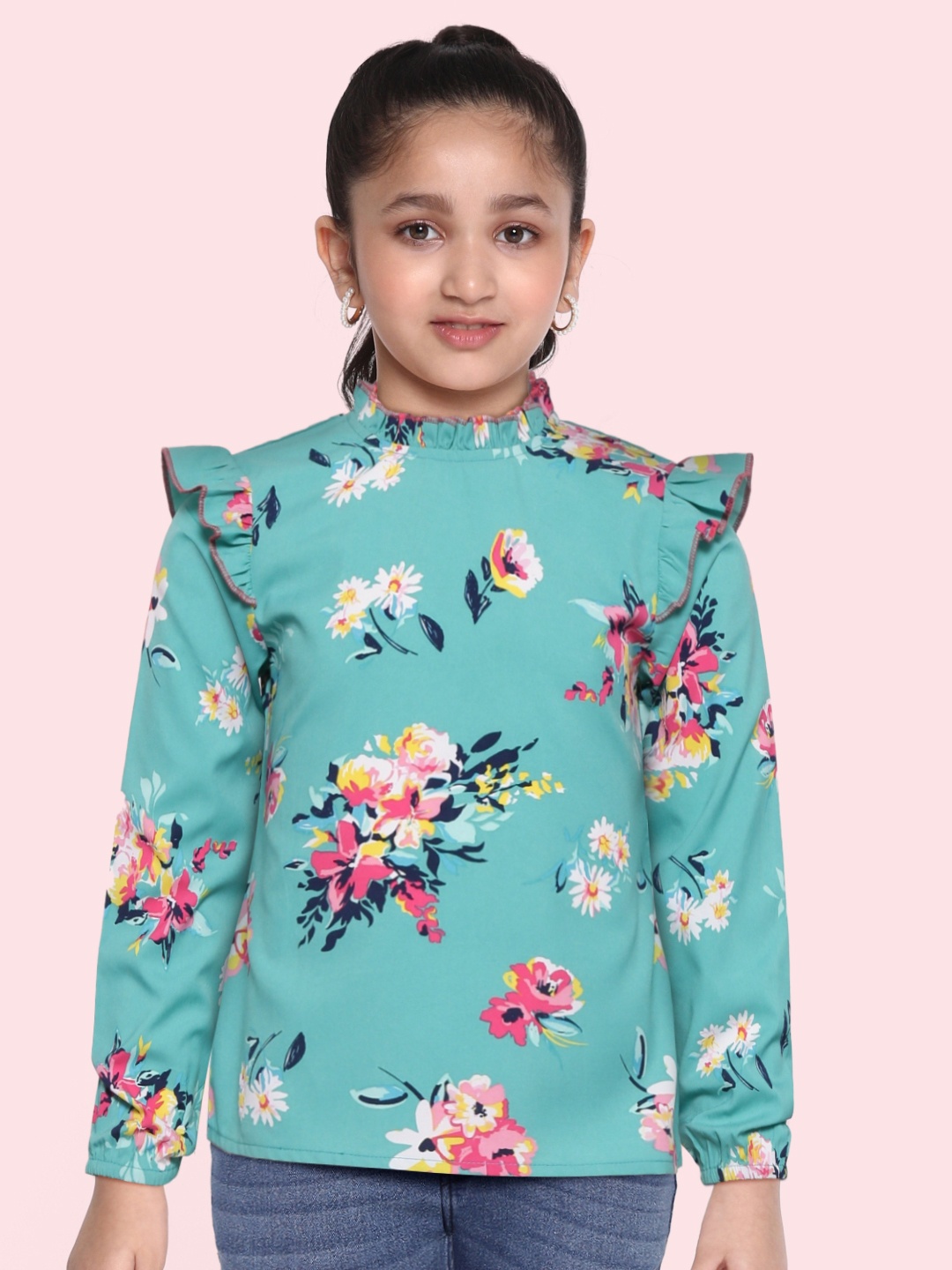 

luyk Green Floral Mandarin Collar Ruffles Crepe Regular Top