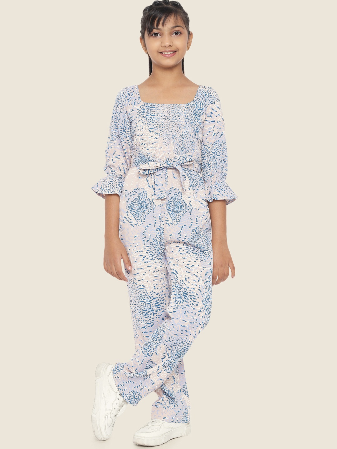 

luyk Girls Blue & Beige Printed Basic Jumpsuit