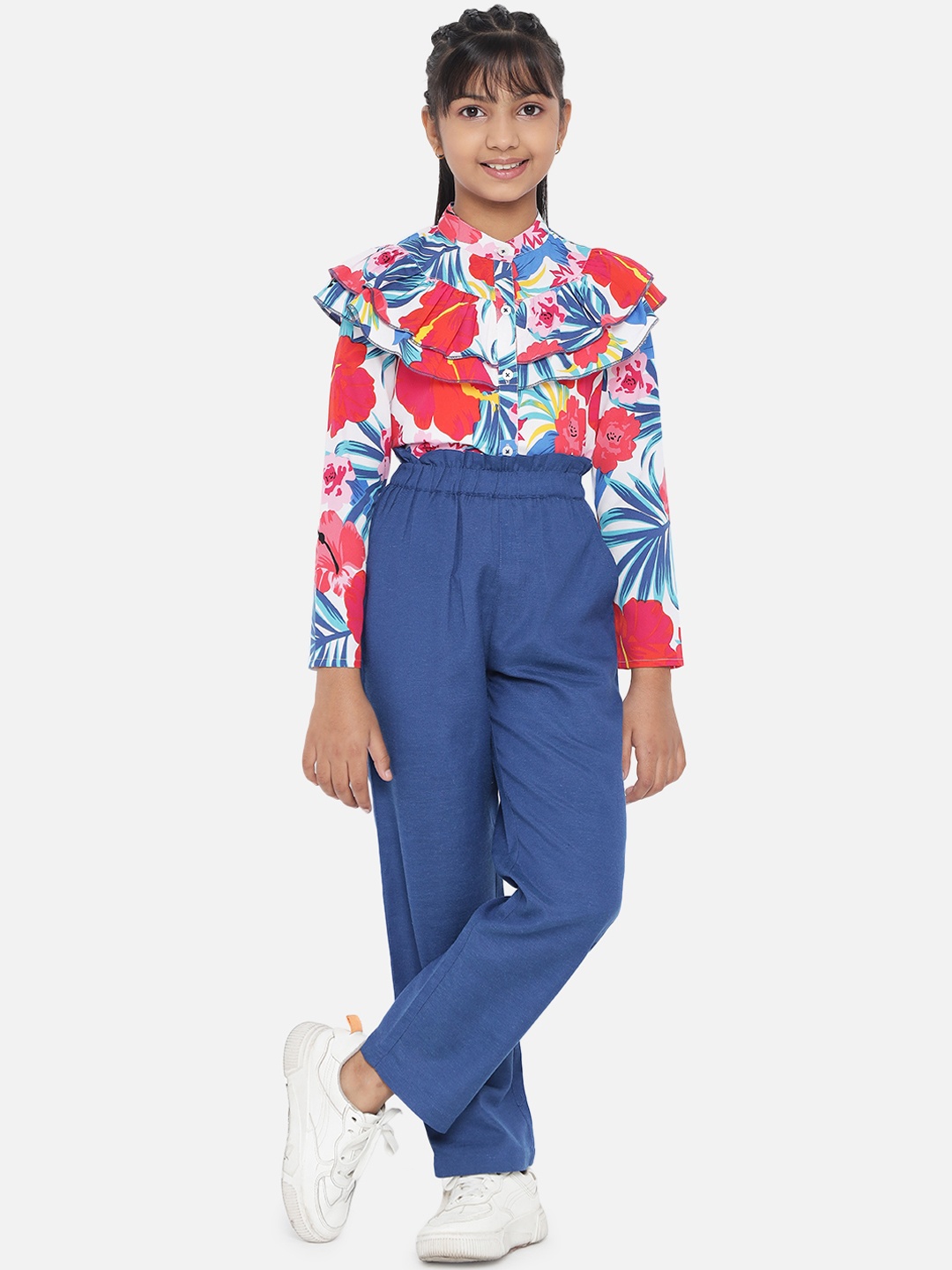

luyk Girls Blue & Red Printed Shirt with Trousers