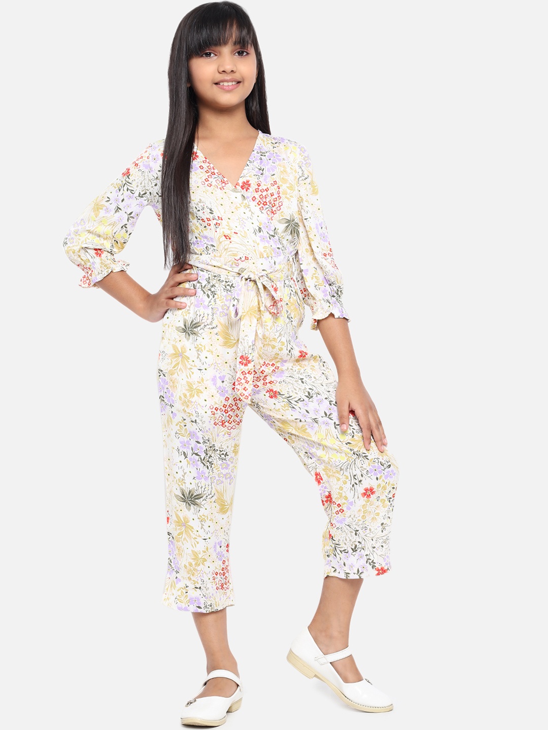 

luyk Girls White Printed Culotte Jumpsuit with Ruffles