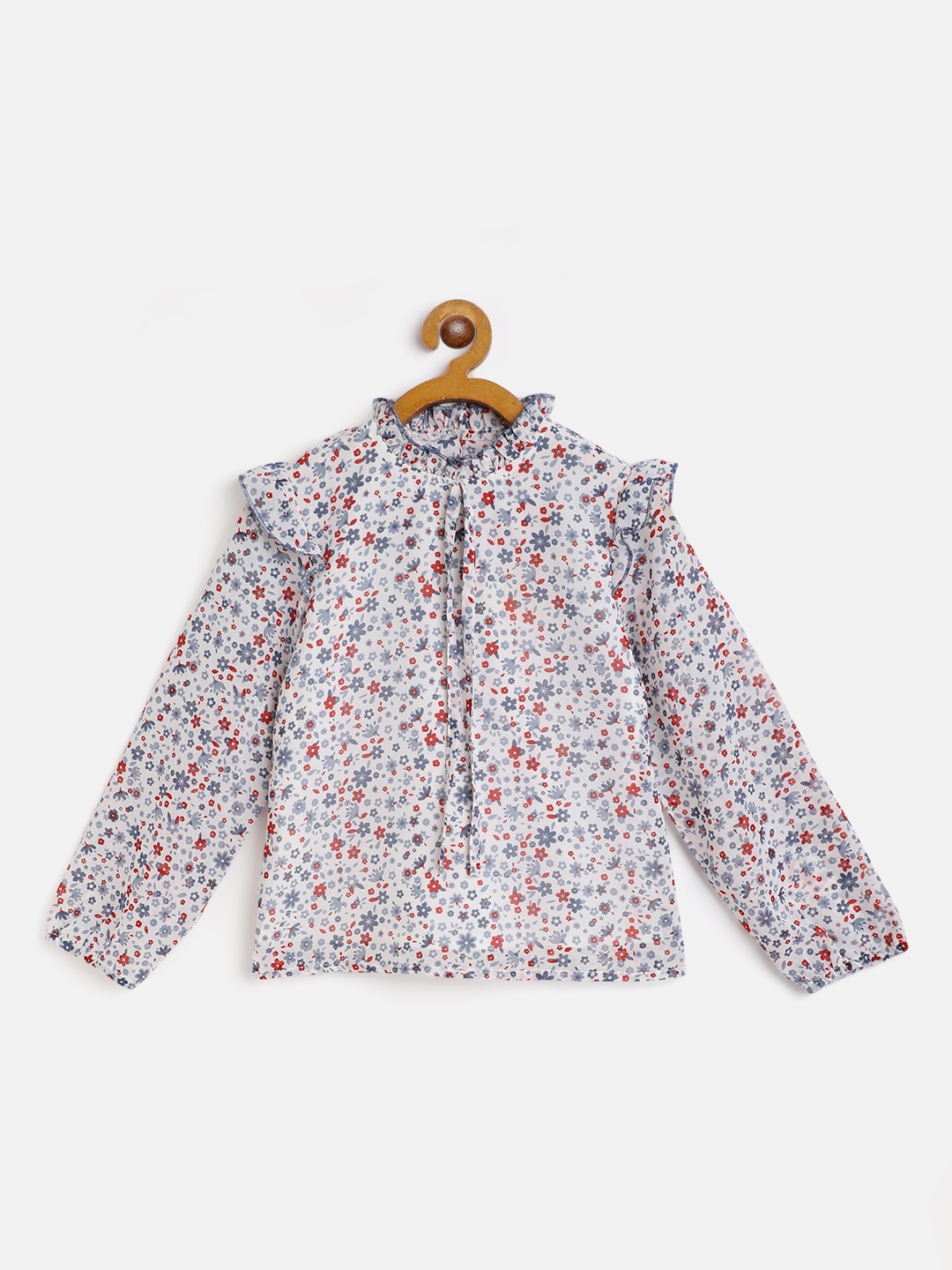 

luyk Blue Floral Ruffles Georgette Regular Top