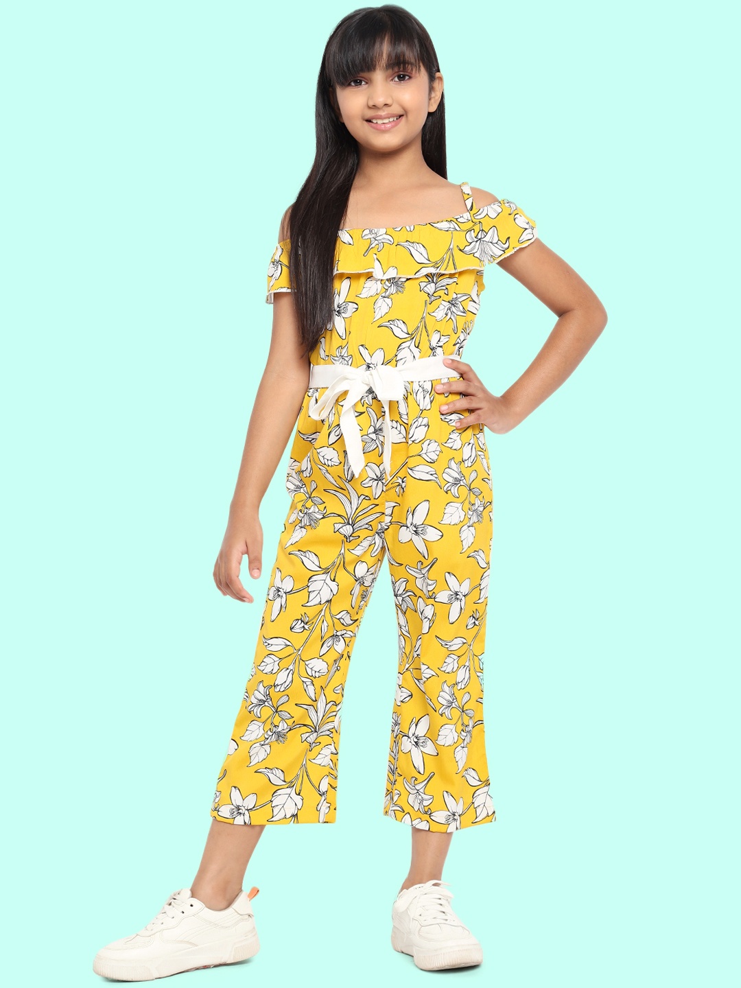 

luyk Girls Yellow Printed Basic Jumpsuit with Ruffles
