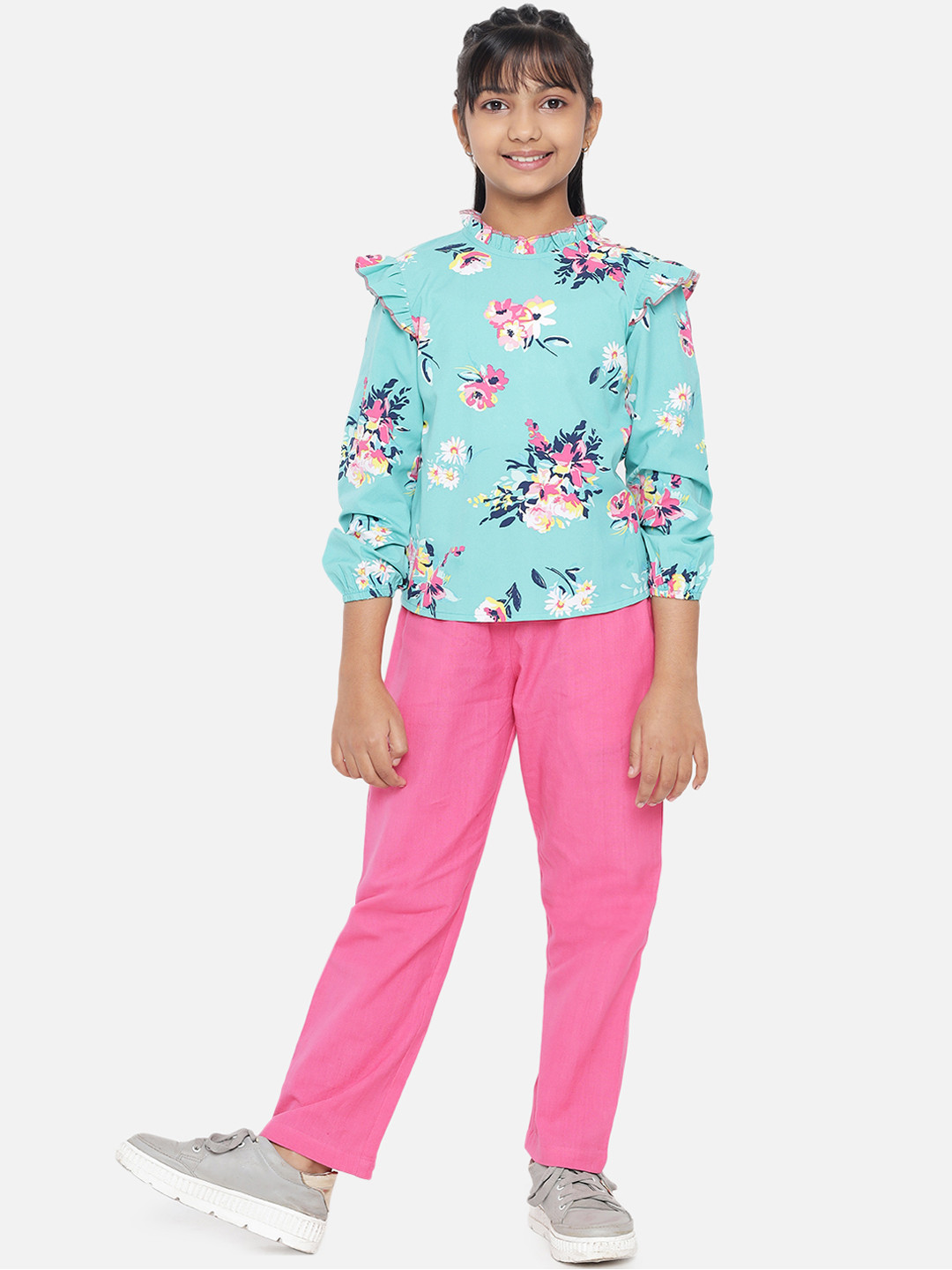 

luyk Girls Pink & Green Printed Shirt with Trousers