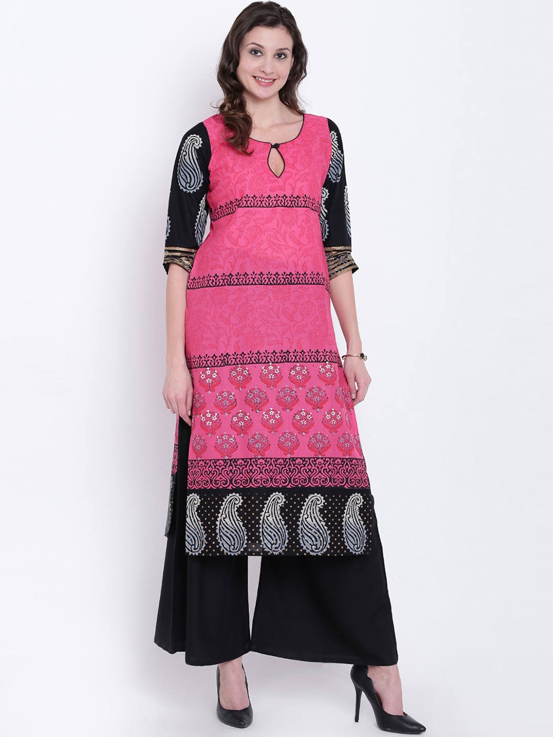 

Varkha Fashion Women Pink Ethnic Motifs Printed Keyhole Neck Block Print Kurta
