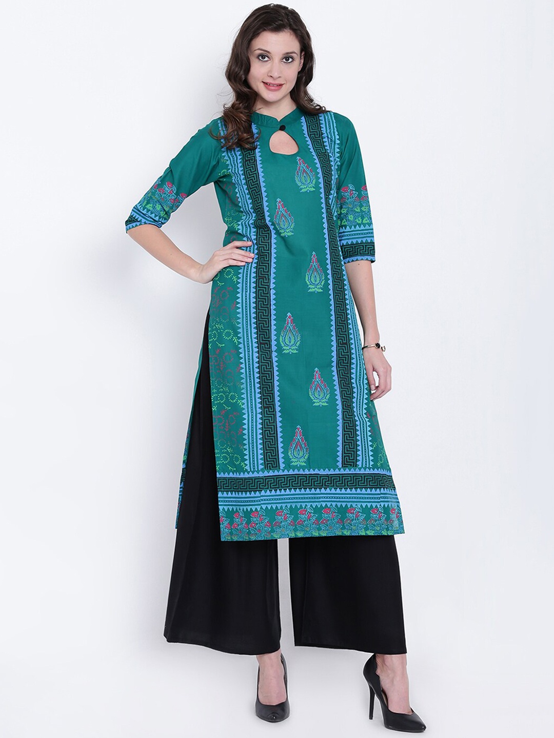 

Varkha Fashion Women Green & Blue Ethnic Motifs Block Print Kurta