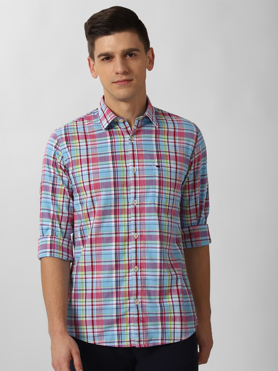

Peter England Casuals Men Blue Slim Fit Tartan Checks Opaque Pure Cotton Casual Shirt