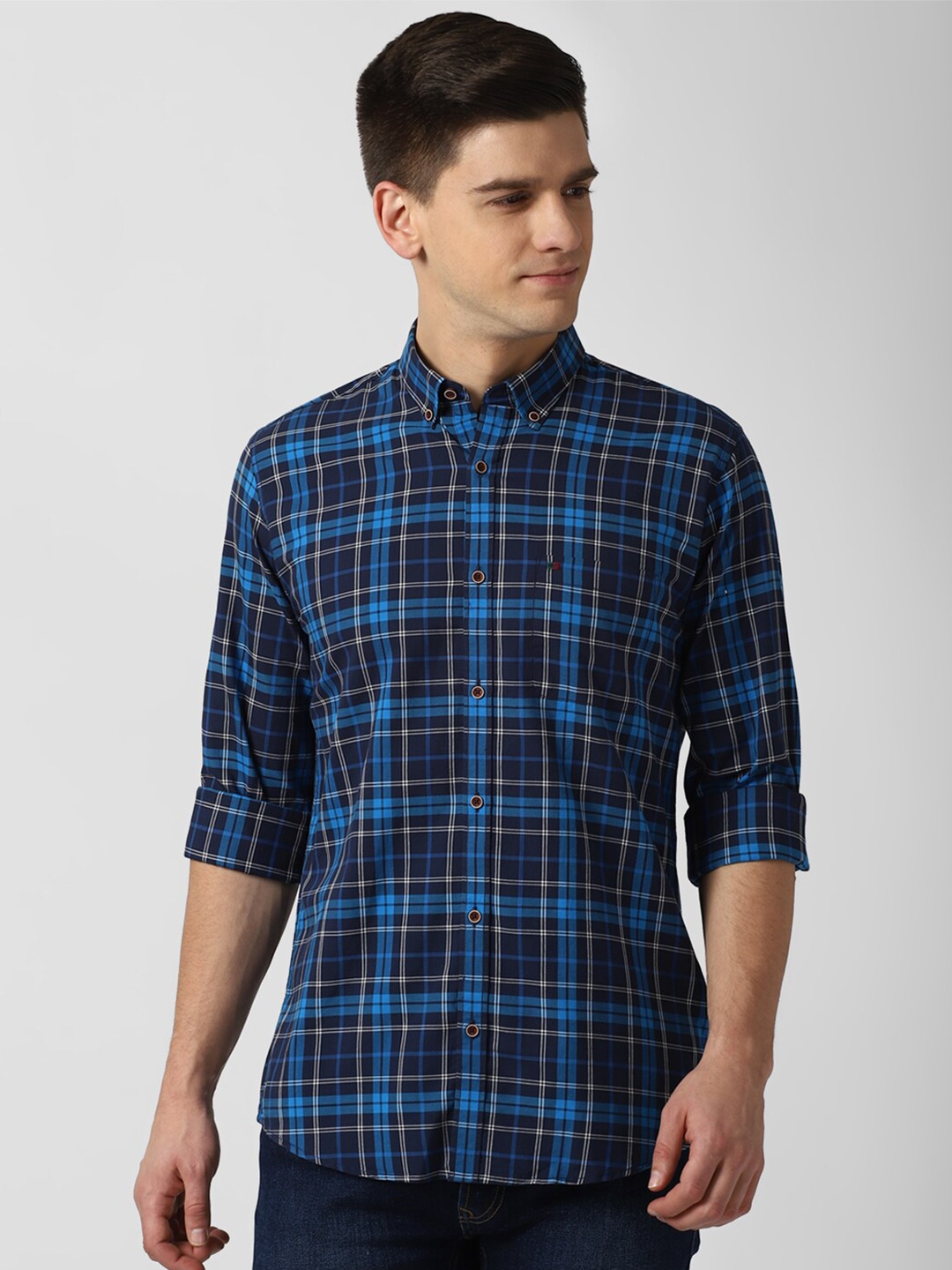 

Peter England Casuals Men Blue Slim Fit Opaque Checked Pure Cotton Casual Shirt