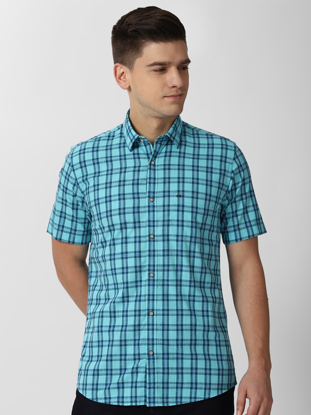 

Peter England Casuals Men Blue Slim Fit Tartan Checks Pure Cotton Casual Shirt