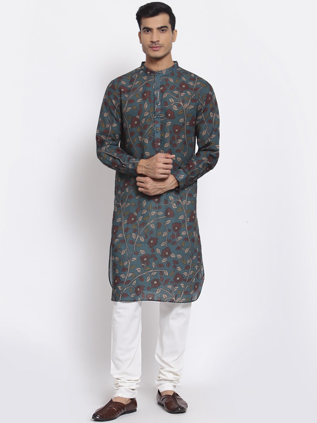 

Style Quotient Men Teal & Beige Floral Screen Printed Pathani Kurta