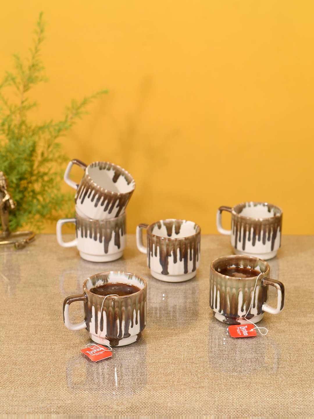 

AAKRITI ART CREATIONS Set of 6 Brown & White Textured Ceramic Matte Cups