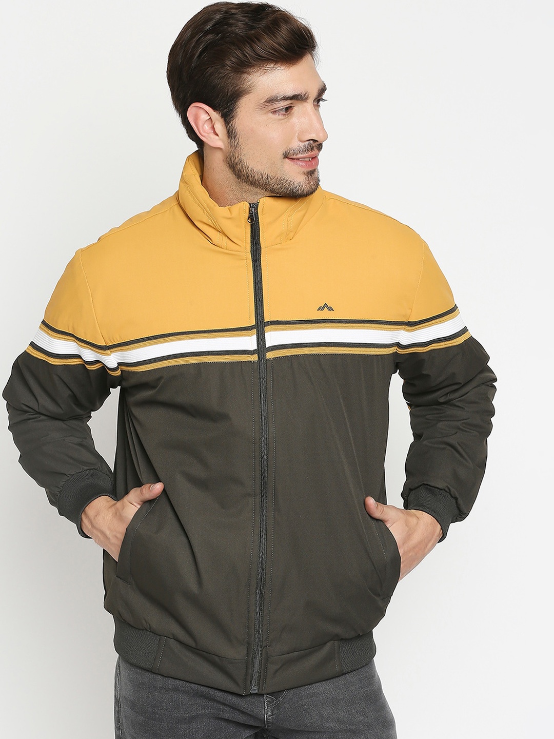 

Zeel Men Olive Green & Yellow Colourblocked Lightweight Bomber Jacket