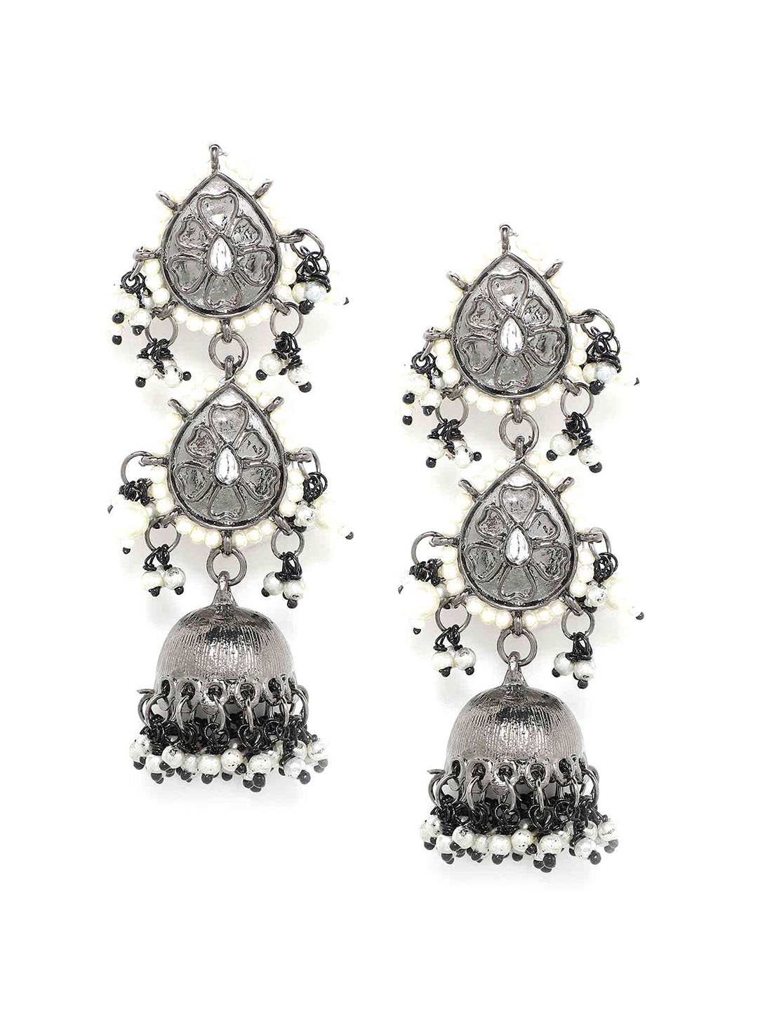 

Kairi Silver-Plated Black & White Stone Studded & Beaded Jhumkas Earrings