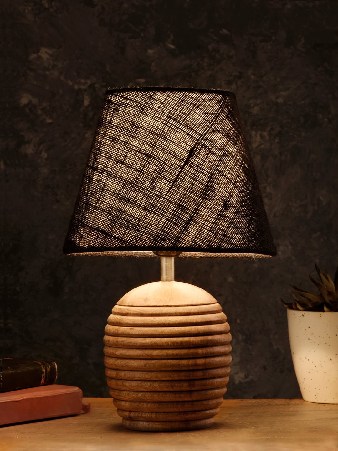 

green girgit Brown & Black Textured Wooden Lamp with Jute Shade