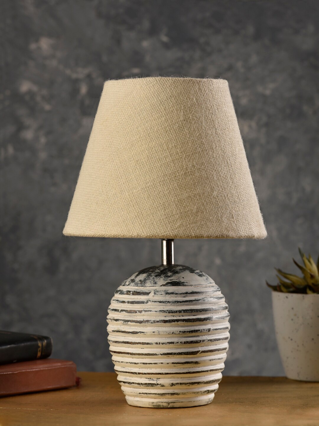 

green girgit Striped Wooden White Lamp with Jute Shade