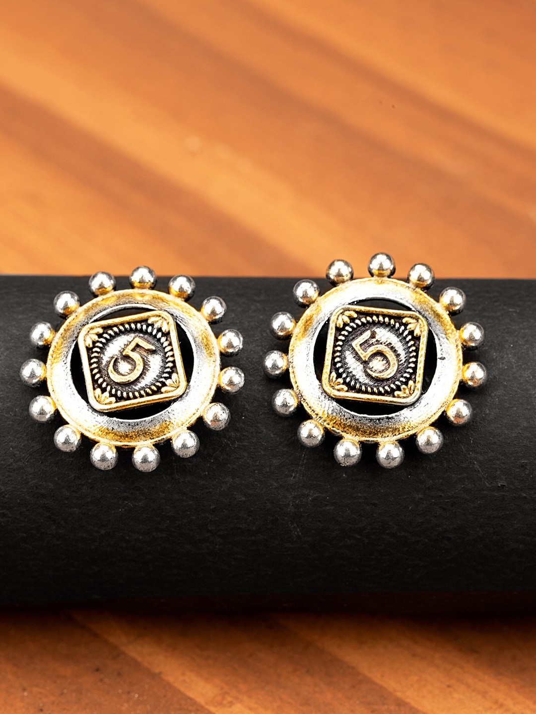

Voylla Silver-Toned & Gold-Toned Antique Gullak Numeric Style Studs Earrings
