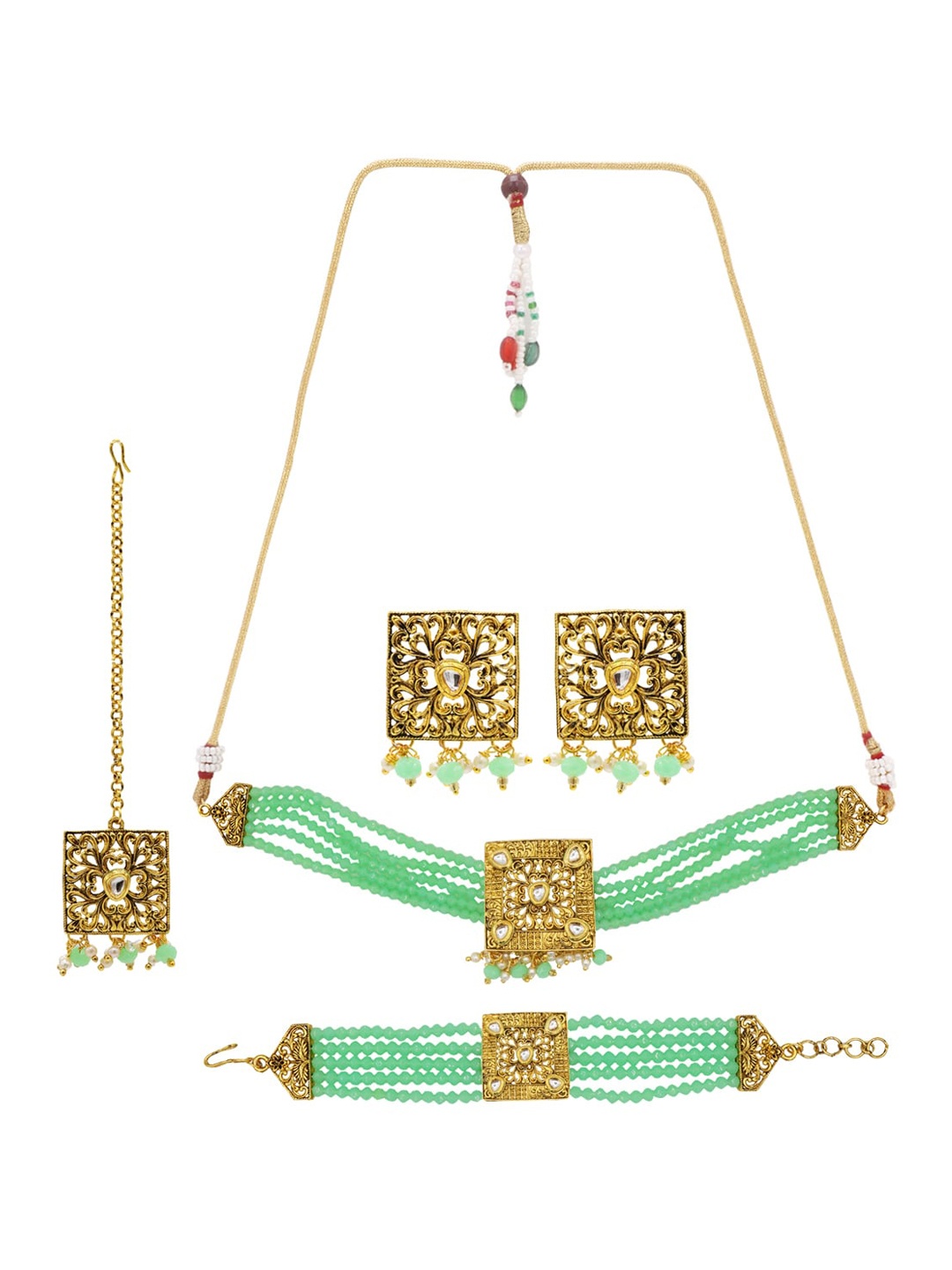 

ASMITTA JEWELLERY Gold-Plated Green & White Kundan Studded & Beaded Jewellery Set