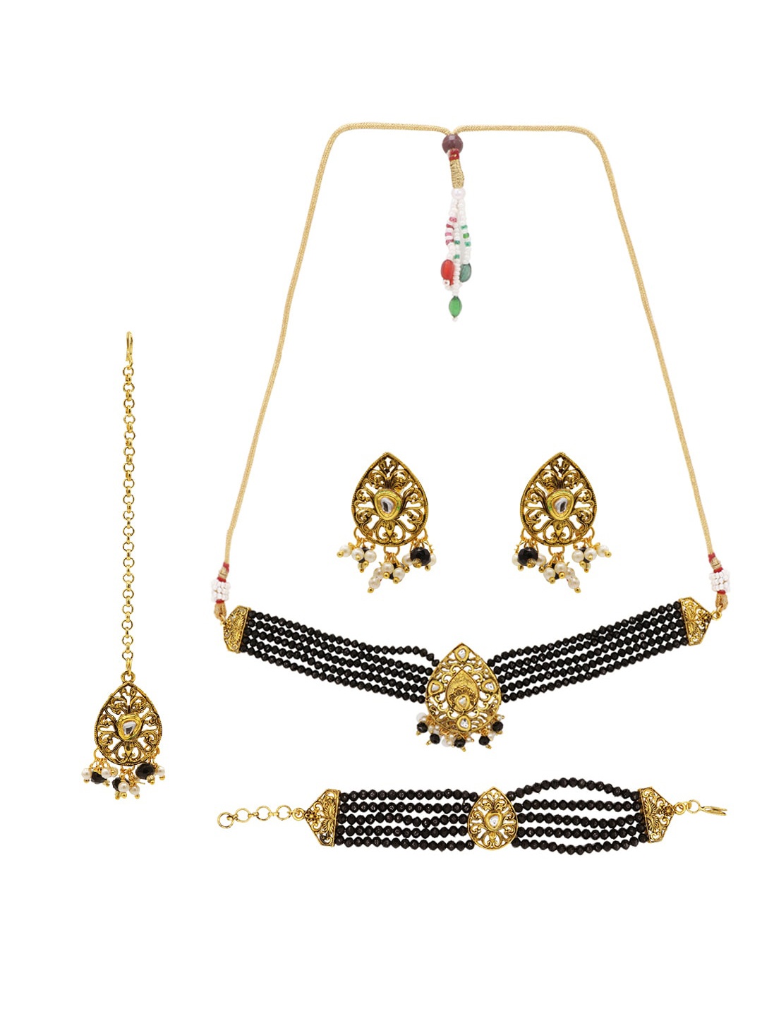 

ASMITTA JEWELLERY Gold-Plated & Black Kundan-Studded & Beaded Jewellery Set