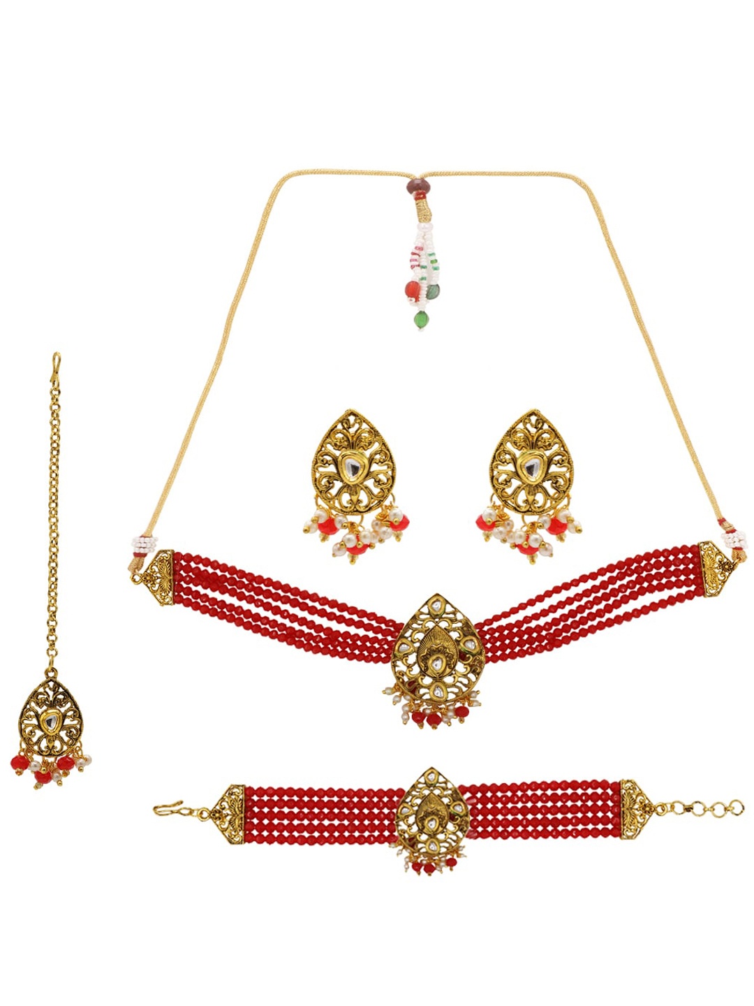 

ASMITTA JEWELLERY Gold-Plated Red & White Kundan Studded & Beaded Jewellery Set